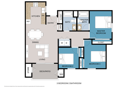 Floor plan for 3 beds, 2 baths, 1026 sqft